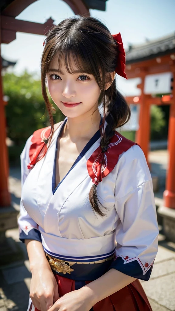 (highest quality,8K quality,masterpiece:1.3),(ultra high resolution,photorealistic:1.4,Live shooting),(Super detailed,caustics),(ultra-realistic capture,Beautifully detailed skin),(twilight),(shrine),(torii)、(white and red shrine maiden costume),18-year-old,Japanese,cute,black long hair,Low ponytail,Smiling and looking at the camera,big ,bust up shot,(Close-up),(breast focus),(low position),(Low - Angle),soft light,Natural light,