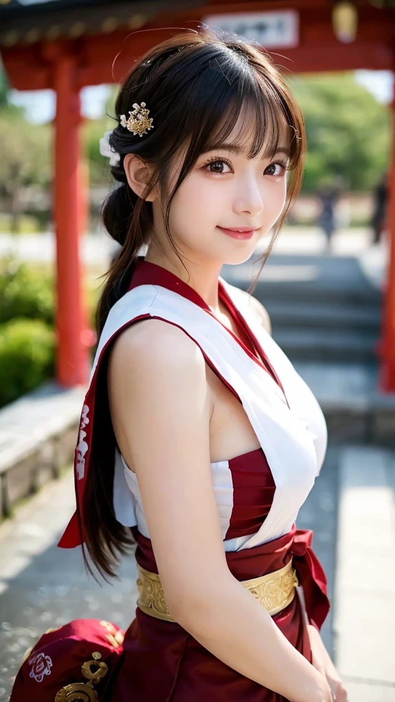(masutepiece:1.3, Photorealsitic:1.4, 8K), top-quality, ​masterpiece, 超A high resolution, Professional camera work, Grow Light Effect, Realistic portrait, Cinematic Light, Highly detailed skin and facial texture:1.3, The ultra-detailliert, A detailed eye, Detailed limbs, autumn night, Precincts of the shrine:1.2, Autumn foliage scenery:1.2, 1girl in, Cute sexy 22 year old slim woman, Fair skin, ((Natural smile:0.9, Totally captivates you:1.0)), (Backshots, Calm pose), ((accurate shrine maiden costume)), ((voluptuous breasts:0.9)), (Beautiful blue eyes, Eyes that feel beautiful eros:0.85), Sexy face:0.4, (A mouthfeel that feels beautiful eros:0.85), ((Too cute beauty:0.9))