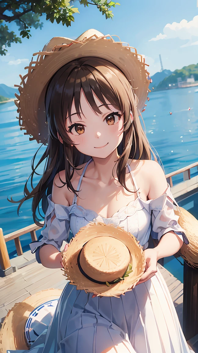 masterpiece, Highest quality, High resolution, Very detailed,(((Alice Tachibana))), (((Private Server)))、(((Straw hat。)))、(((smile)))、(((Waterfront)))、White dress, evening