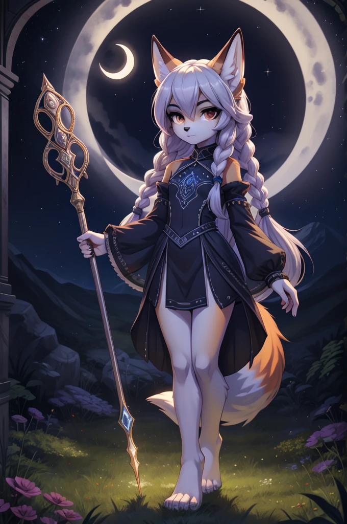beautiful, (masterpiece), high quality, heroic braced standing pose, top down angle, detailed close face, dark thick eyebrows, crescent moon magic staff, perfect lighting, youthful, adolescent, feminine figure, slim legs, quirky fox goth girl, narrow hips, long legs, thick, soft, volumetric hair, midnight blue and silver outfit, shimmering with starlight, deep brown eyes, long flowing silver hair, intricate braids, straight bangs, wearing unique badass outfit, bare foot on grass