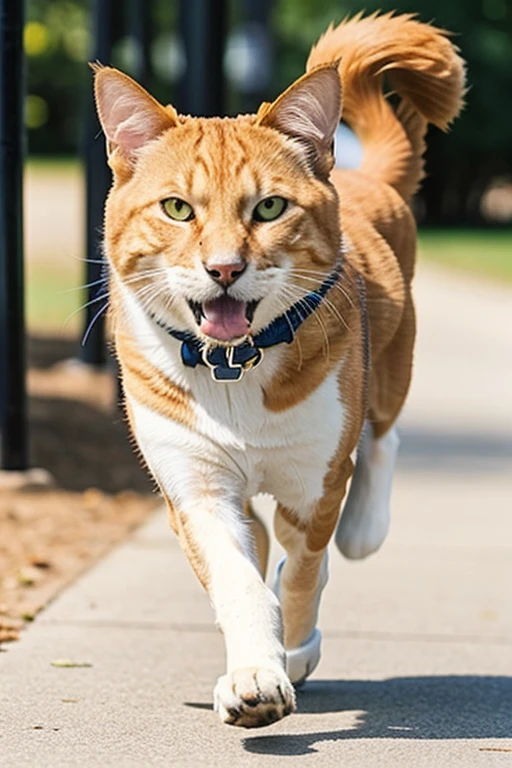I want a video of a dog chasing a cat. The color of the cat should be yellow and the color of the dog should be black. 