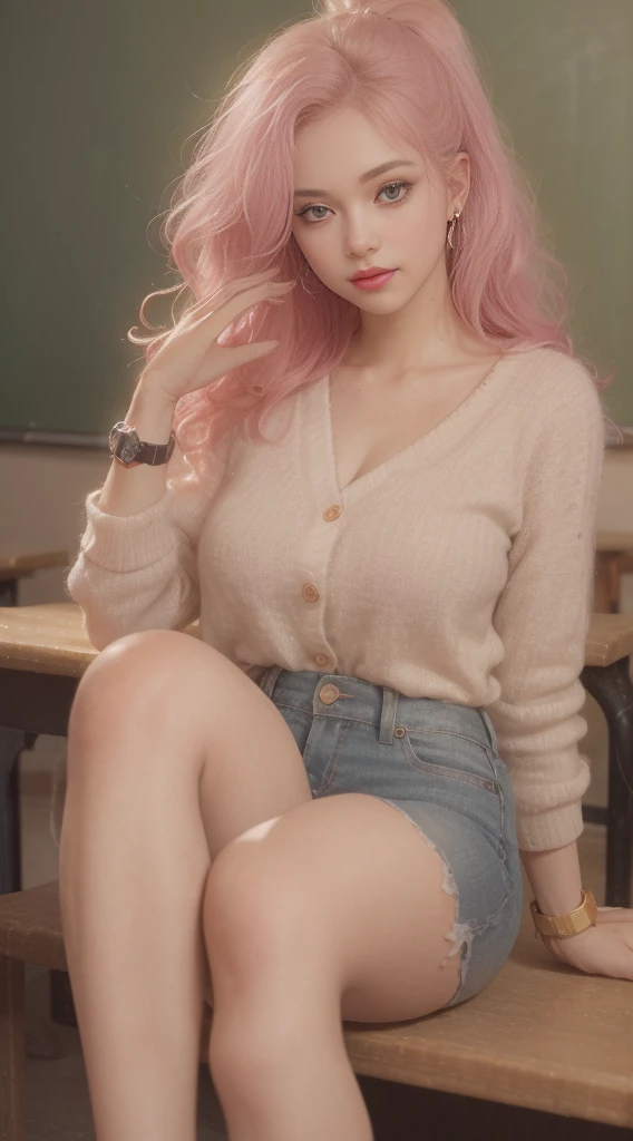 ((masterpiece, Best Quality, high resolution, Perfect Pixel, 8K))), ((1 girl、full body seen))、 ((Bangs、gorgeous pink hairs、ponytail、Rebecca from onepiece anime、two long hairs on side))、((Gorgeous eyes、Beautiful eyelashes、Realistic eyes))、 ((Detailed face, Blushing:1.2))、((Smooth texture:0.75, Realistic texture:0.65, Photorealistic:1.1))、Dynamic Angle、Perfect body、(perfectly insanely detailed eyes、Holding the handbag perfectly、playing with hairs、pink cheeks、((wearing a white shirt、black cardigan、long jeans、handbag、wearing a watch on left hand、earrings、in classroom、University blackboard、happy face、sitting and talking to audience happily、legs crossed、gorgeously legs crossed、eating candy))、mouth open、ultra realistic eyes、ultra insanely detailed eyes、talking to audience、beautiful black heels、(beautiful portrait、very High quality、ultra high definition、 insanely detailed face、ultra high quality、ultra high clarity)、insanely detailed dress、curvy body、white skin、best clarity、ultra highest resolution、8k resolution、beautiful smile、beautiful eyelashes、gorgeous face、gorgeous representation of a face、perfect body、erotic look on face、dynamic lightning、(innocent_big_eyes:1.0)、Bright_Front_face_Lighting、shiny skin、bokeh:1.2、Full body shot、professional photograph、textured leather,big hips, big breasts, hips up back view.