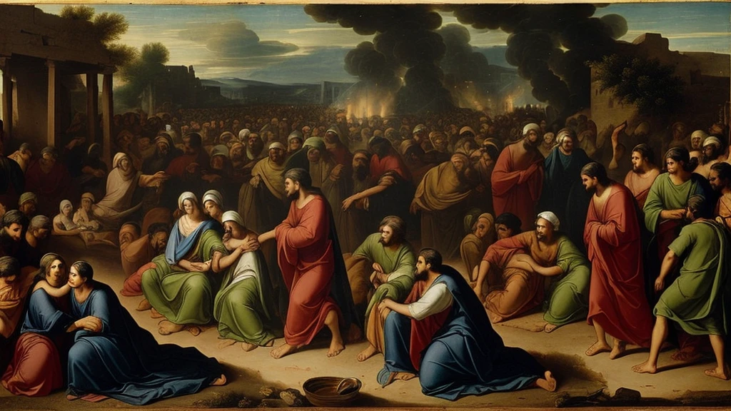 "Scenes of great anguish and suffering, with people seeking refuge and protection in God, while calamities occur all around."