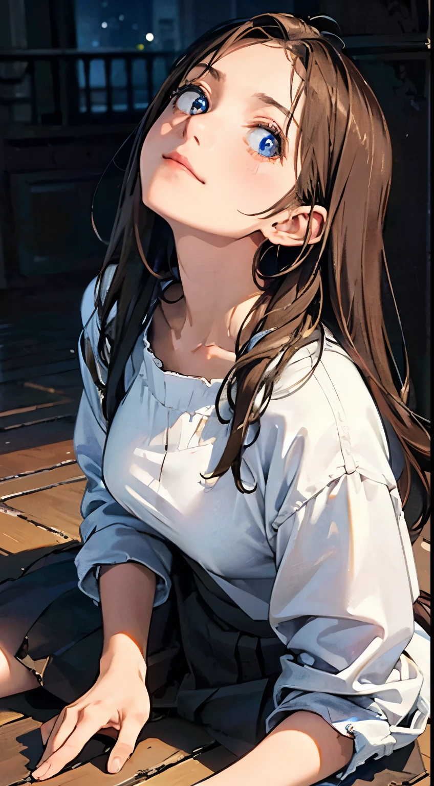 (1girl:1.3), cinematic light, (masterpiece, top quality, best quality, official art, beautiful and aesthetic:1.3), extreme detailed,highest detailed,(ultra-detailed),((an extremely delicate and beautiful)), ((Crouch down on dark night on the floor of the apartment)), from above, solo, breasts, silky long hair, (brown hair), Casual clothes, blue Lace inner, open breast, 26 years old, unsteady gaze, torn clothes, anxious, embarrassed, (looking up:1.4)