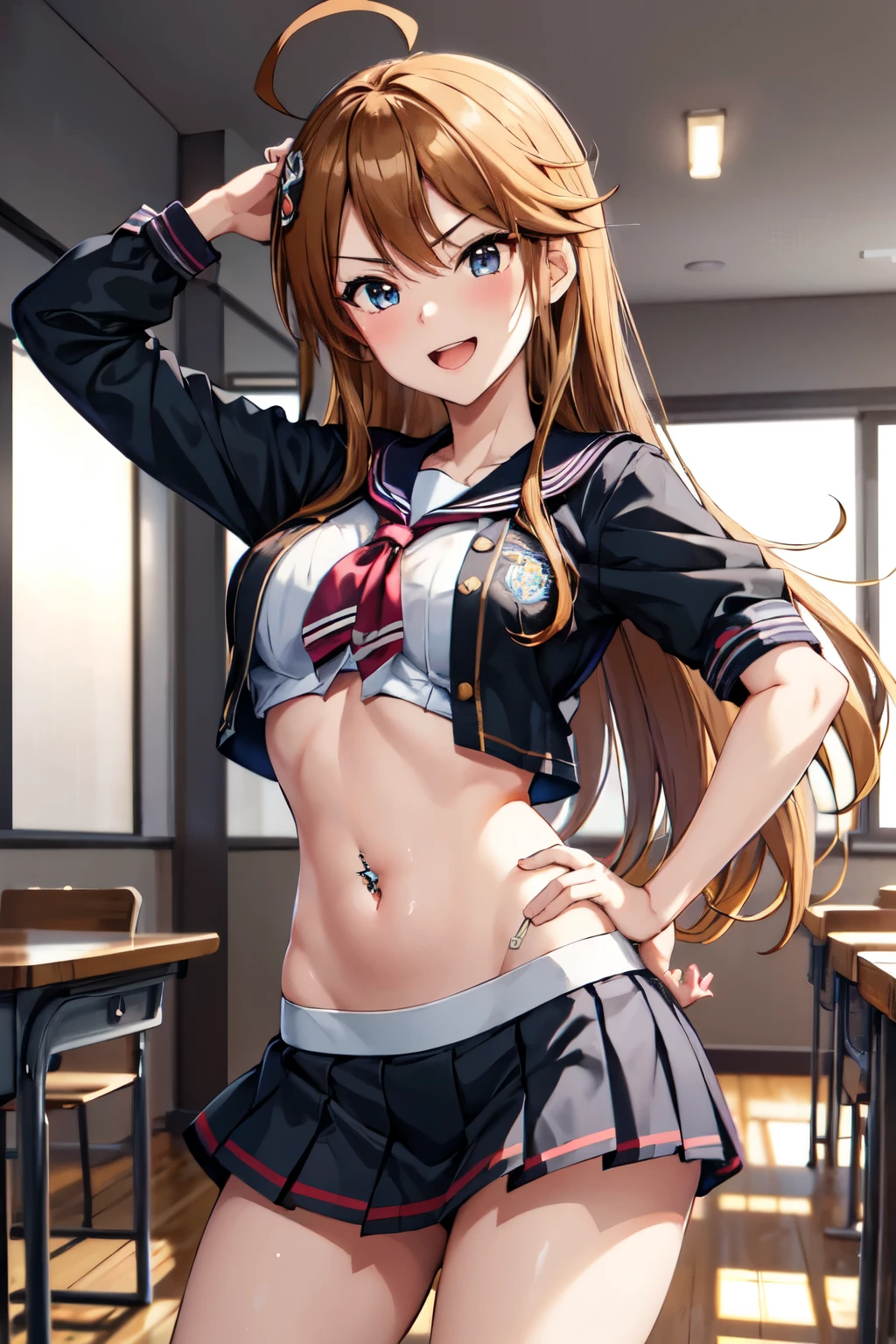 (masterpiece, best quality, ultra detailed), (perfect face, detailed face), (detailed background, complex background:1.2), full-face blush, smile, looking at viewers,
megumi tokoro,  long hair, blush, lipstick, Hot girl, baddie, staring, glaring, bad attitude, mean girl, dare, angry, hate, crazy, smoking, sensual, attractive, masterpiece, best quality, highly detailed, a anime girls in sailor uniforms with a gun posing for a picture, evil smile, smile, open mouth,black_serafuku, ecchi anime style, anime girls , (nsfw) not safe for work, ecchi style, ecchi, shipgirls, digital anime art!!, high school girls, holding a gun, hold a gun, anime style 4 k, micro skirt, exposed belly, exposed navel, exposed midriff, exposed lower belly,school, classroom, navel piercing