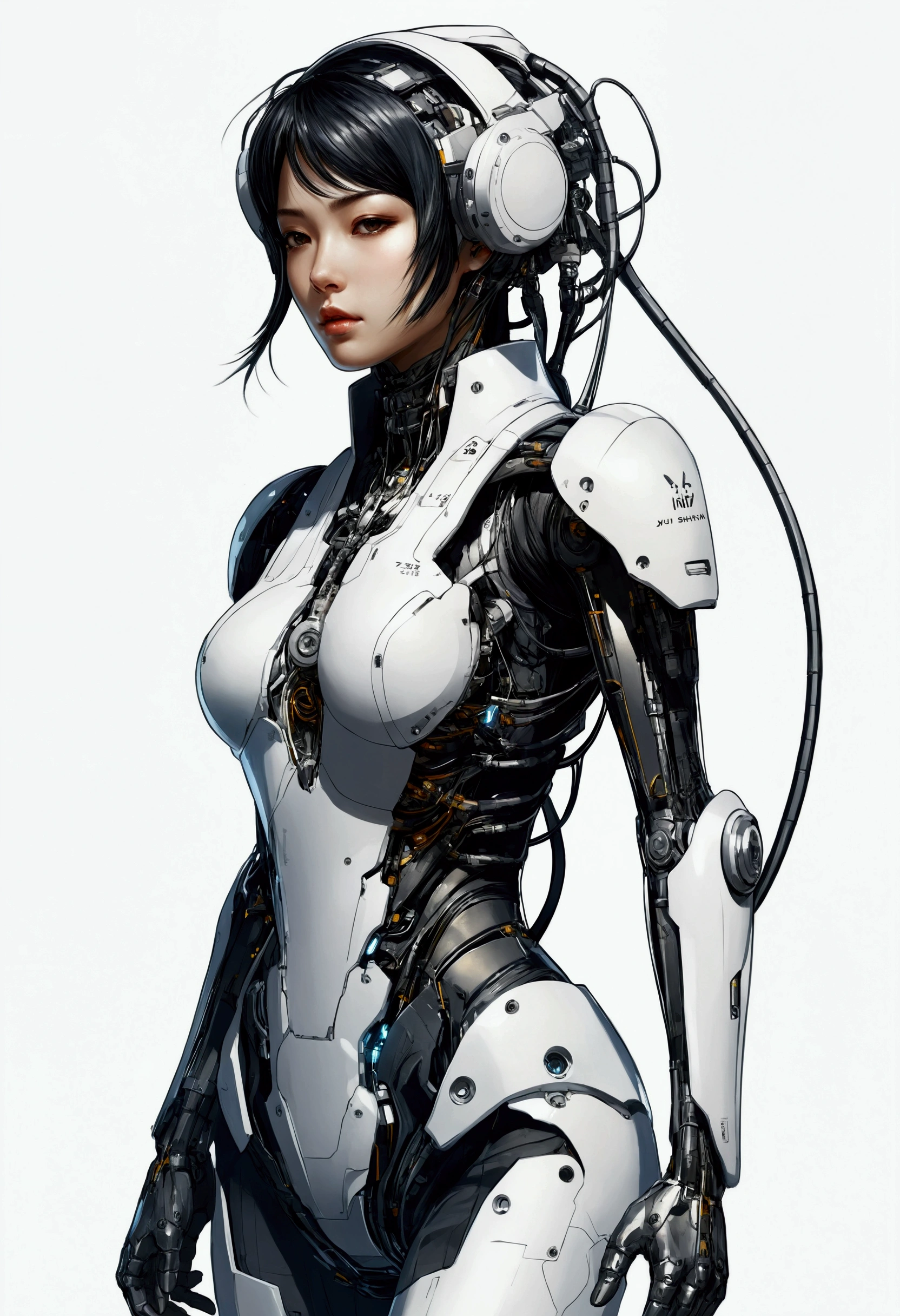 Character design of a girl wearing a cybernetic exoskeleton、Oriental、Concept Design Sheet、White background、Yoji Shinkawa&#39;s style --s 750 --niji 5