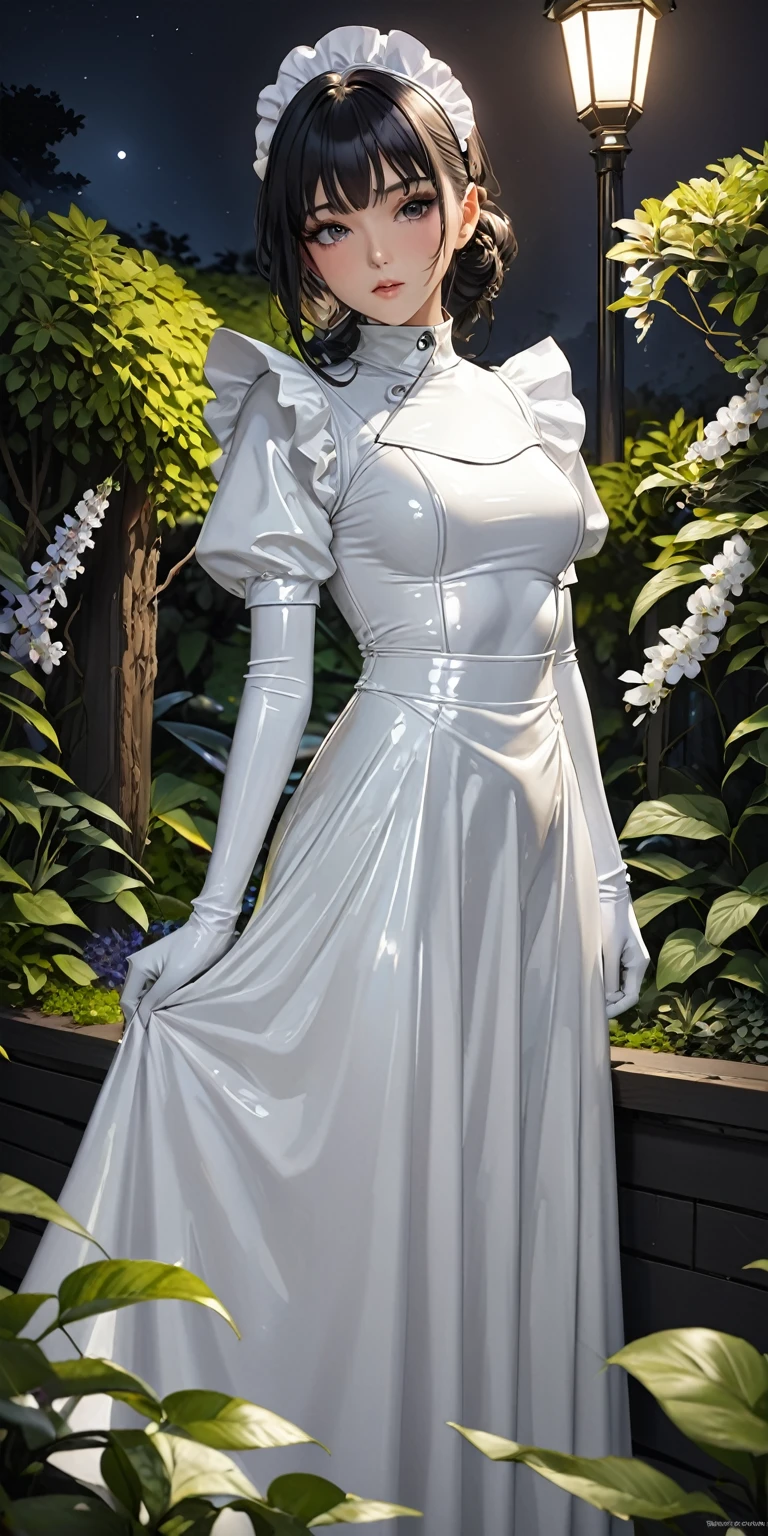Portraiture、(masterpiece,Highest quality,Ultra-high resolution),Japanese women, (((Very beautiful 25 year old girl))),(White latex maid outfit)、(White latex long skirt)、(A long-sleeved white latex shirt covering the upper body)、White latex long gloves、White latex socks、Latex bodysuit、Latex is very shiny、Dark garden at night、