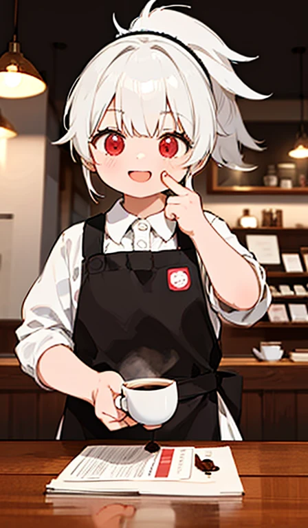 masterpiece, Highest quality, (alone focus), (Perfect Face:1.1), (Attention to detail:1.1),dramatic, 1 person, (Healthy Skin),ponytail,Red eyes,[Thin eyebrows],alone,White collared shirt,Black Apron,Open Mouth Smile,LOL,looking at the camera,Detailed Background,art,Coffee shop,Cinema Lighting,Coffee cup in hand