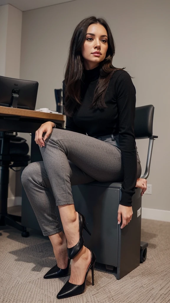 Brunette using a grey tight caffarena. straight black hair. black office pants. black stilettos. sitting, leg crossed. Instagram style photo, detailed face, UHD, front view