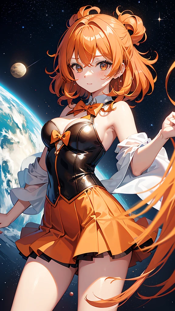 Magical girl Orange wavy hair Orange and black costume Short mini skirt Medium sized breasts Adult sister A relaxed expression universe space