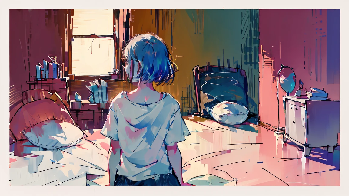 watercolor,girl,Back view,One person,Gazing into the distance from the window,The whole room moves,White T-shirt,Messy room,crouch,cry,sad,high resolution、Gray Hair