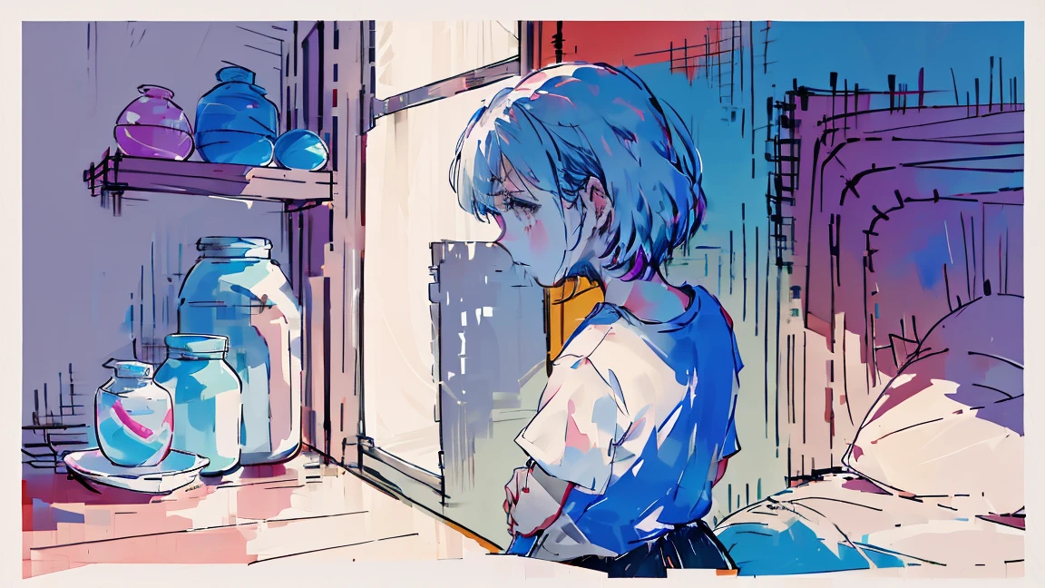 watercolor,girl,Back view,One person,Gazing into the distance from the window,The whole room moves,White T-shirt,Messy room,crouch,cry,sad,high resolution、Gray Hair