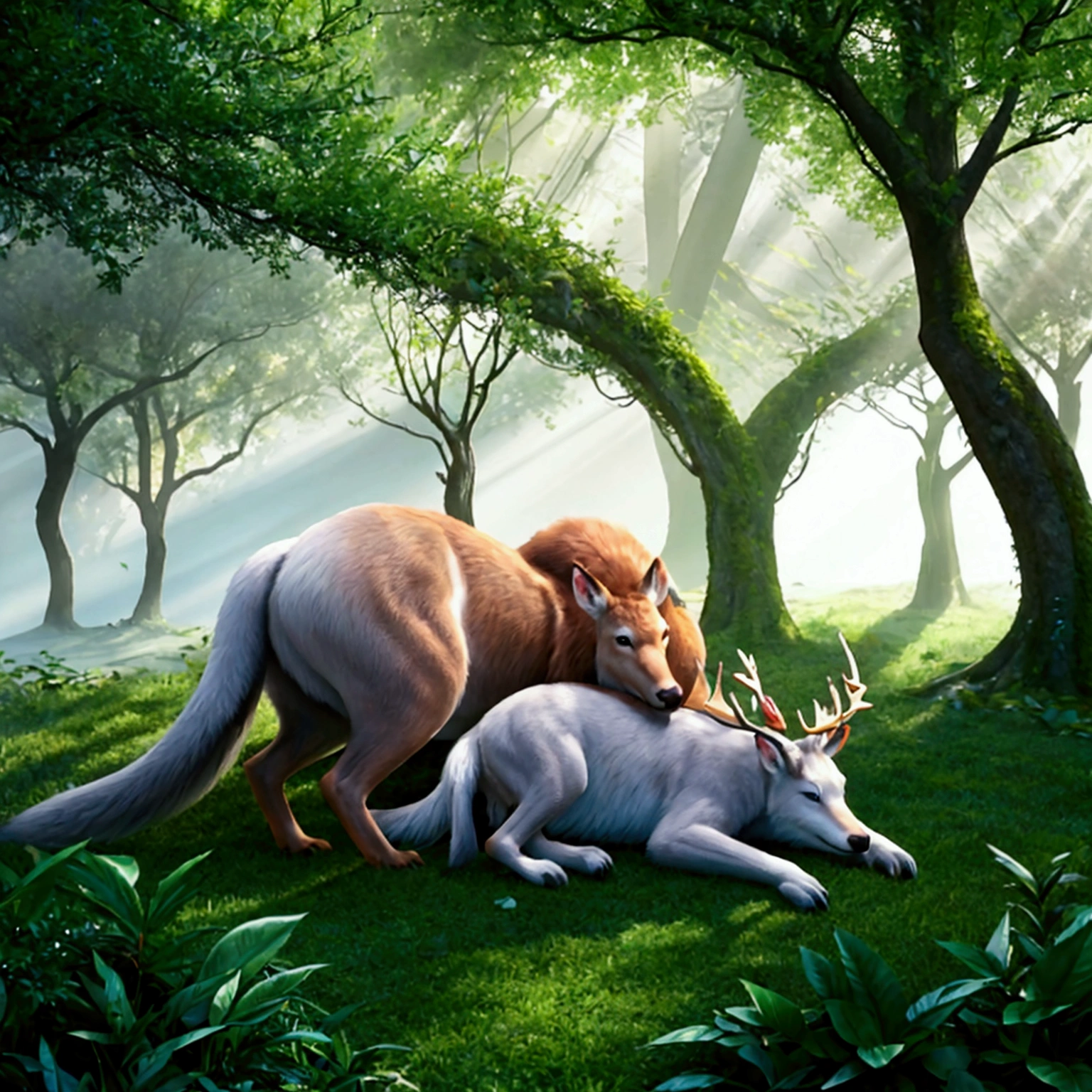 ChatGPT Create a Prompt for a hyper realistic forest with animals in a fantasy world ChatGPT Here is a prompt for a hyper realistic forest with animals in a fantasy world:

Title: The Enchanted Forest of Elarion You are in a forest of Elarion, where the realism of nature meets magic. The vegetation is lush, with gigantic trees whose tops form a verdant roof, filtering the sunlight into golden rays. The floor is covered in a carpet of moss and fallen leaves., and a crystal clear river serenely winds through the forest, reflecting the colors of the rainbow thanks to the magical minerals in its bed.

The animals that inhabit this forest are equally impressive and unique.. Deer with crystal antlers graze alongside wolves whose fur shines like stars. Birds with iridescent feathers sing enchanting melodies while tiny fairies dance around flowers that emanate a soft blue glow.. in a clearing, you spot a majestic green-scaled dragon resting peacefully, with your bright eyes watching every movement of the forest.

The entire scene is filled with an aura of peace and enchantment., where reality and fantasy merge perfectly. Feel free to explore every detail of this magical world, where every leaf, every sound and every creature has its own story to tell.