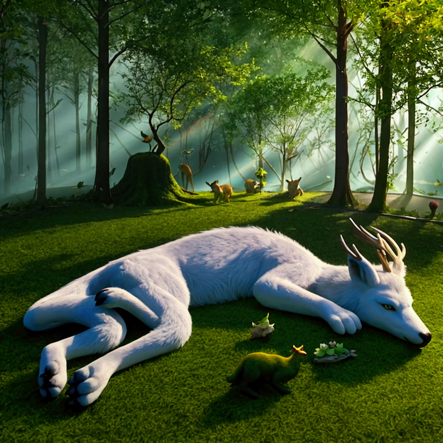 ChatGPT Create a Prompt for a hyper realistic forest with animals in a fantasy world ChatGPT Here is a prompt for a hyper realistic forest with animals in a fantasy world:
Title: The Enchanted Forest of Elarion You are in a forest of Elarion, where the realism of nature meets magic. The vegetation is lush, with gigantic trees whose tops form a verdant roof, filtering the sunlight into golden rays. The floor is covered in a carpet of moss and fallen leaves., and a crystal clear river serenely winds through the forest, reflecting the colors of the rainbow thanks to the magical minerals in its bed.
The animals that inhabit this forest are equally impressive and unique.. Deer with crystal antlers graze alongside wolves whose fur shines like stars. Birds with iridescent feathers sing enchanting melodies while tiny fairies dance around flowers that emanate a soft blue glow.. in a clearing, you spot a majestic green-scaled dragon resting peacefully, with your bright eyes watching every movement of the forest.
The entire scene is filled with an aura of peace and enchantment., where reality and fantasy merge perfectly. Feel free to explore every detail of this magical world, where every leaf, every sound and every creature has its own story to tell.