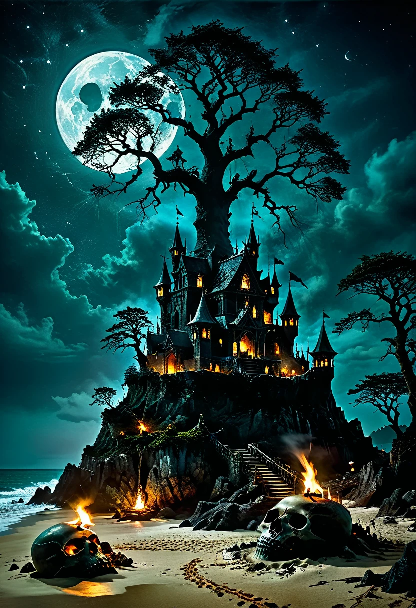 arafed, dark fantasy art, goth art,  an award winning digital picture, National Geographic picture of a dark mysterious island at night, it is night time, a dark island, dark gloomy beach, skull on the beach, some large ancient trees, a dark castle, lit with torches, necromancy magic, full moon, some stars,  Ultra-high resolution, High Contrast, (masterpiece:1.5), highest quality, Best aesthetics), 16K fantasy art, best details, best quality, highres, (ultra wide angle: 1.2), 16k, [ultra detailed], masterpiece, best quality, (extremely detailed), ladyshadow, dark fantasy