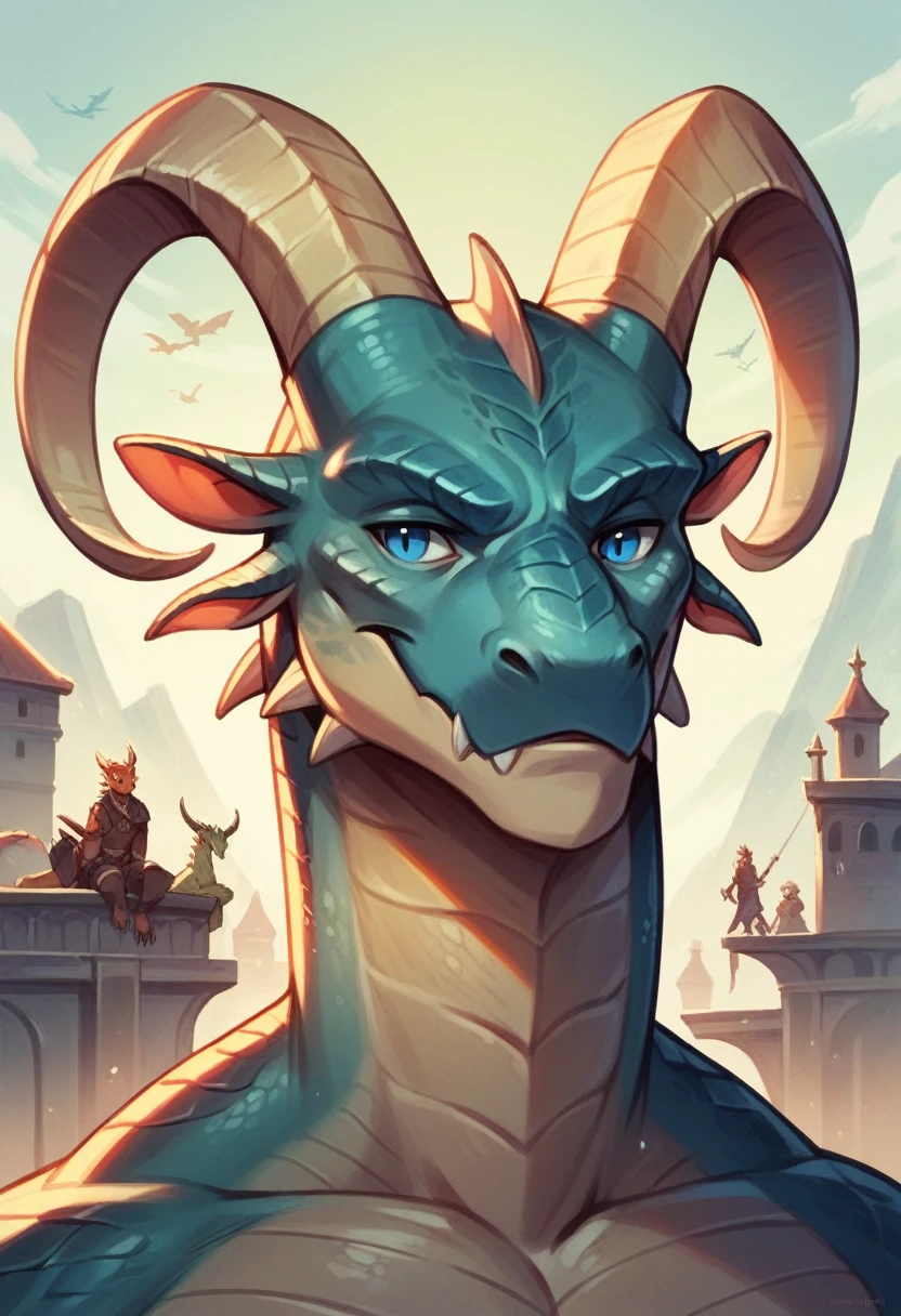Ultra Detailed, Masterpiece, Best Quality, Dragonborn, Epic, 1guy, Fantasy, Dungeons and Dragons, Bronze Scales, electric blue eyes, curved horns.