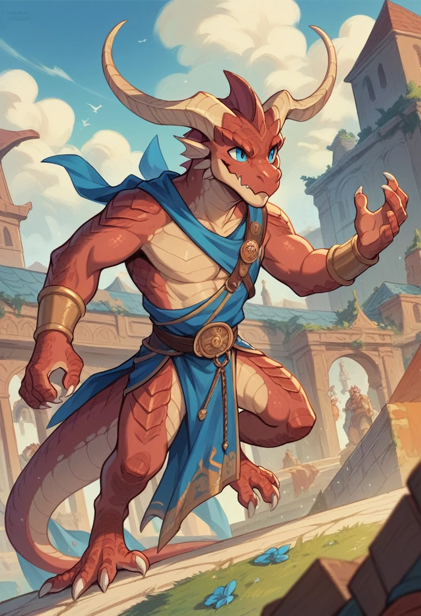 Ultra Detailed, Masterpiece, Best Quality, Dragonborn, Epic, 1guy, Fantasy, Dungeons and Dragons, Bronze Scales, electric blue eyes, curved horns.
