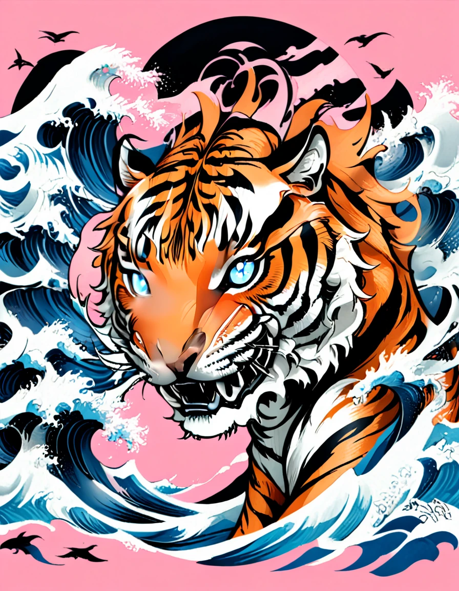 Traditional Japanese tattoo design, realistic tattoo art of Orange tiger with (((Blue eyes))) with pink sakura petal effect ,he is with open mouth looking very fierce and angry, the background is Japanese wave tattoo, (Unity 16K Wallpaper, masterpiece, Best Quality, high quality, Ultra-detailed, extremely details), a tattoo design, realistic tattoo art of Orange tiger with (((Blue eyes))) with pink sakura petal effect ,he is with open mouth looking very fierce and angry, the background is Japanese wave tattoo, upper arm tattoo,
