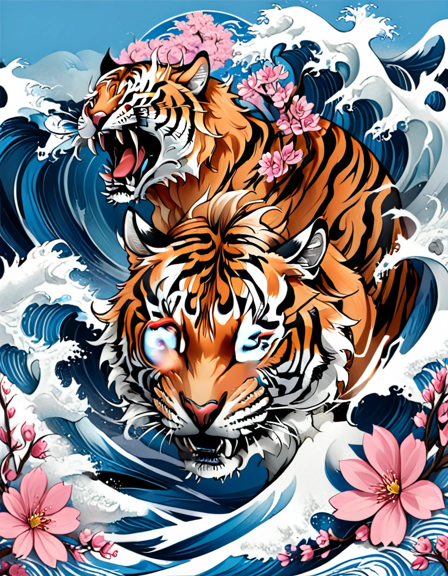 Traditional Japanese tattoo design, realistic tattoo art of Orange tiger with (((Blue eyes))) with pink sakura petal effect ,he is with open mouth looking very fierce and angry, the background is Japanese wave tattoo, (Unity 16K Wallpaper, masterpiece, Best Quality, high quality, Ultra-detailed, extremely details), a tattoo design, realistic tattoo art of Orange tiger with (((Blue eyes))) with pink sakura petal effect ,he is with open mouth looking very fierce and angry, the background is Japanese wave tattoo, upper arm tattoo,
