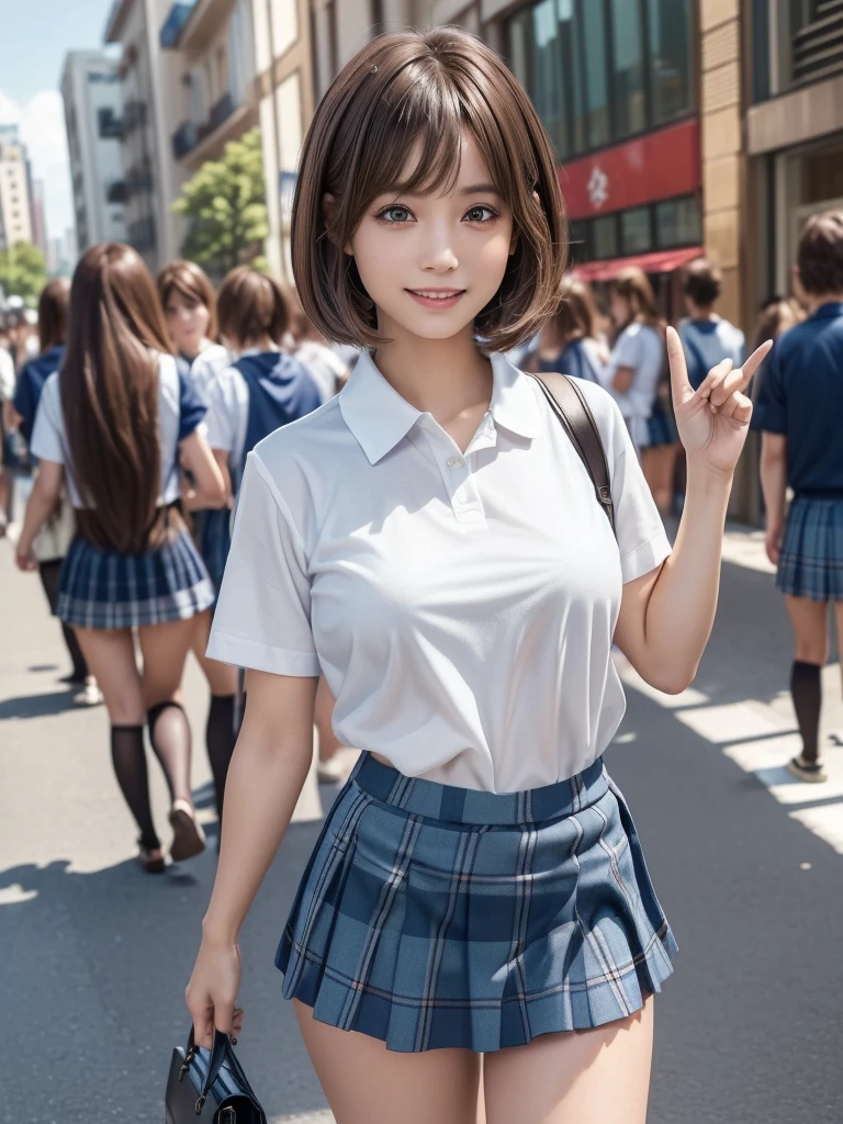 (8k, RAW Photos, Highest quality, masterpiece:1.2), (Realistic, photo-Realistic:1.4), (extremely detailed 8k wallpaper), ((Full Body Shot)), (((1 girl))), Sharp focus, Depth of written boundary, Cinematic lighting, Soft Light, (緻密な美しさのeye, eye_Chan, Very beautiful 17 year old girl, innocent big eyes, Realistic, photo Realistic, Highly detailed cute girl, (Thin thighs), (Model body type), (Brown Hair), (Short Bob Hair), (Asymmetrical bangs), ((A happy smile)), Glowing Skin, Ultra-dense skin ,High resolution, High Detail, Detailed hairstyle, Detailed facial beauty, hyper Realistic, Perfect limbs, Perfect Anatomy, Perfect female body, (school uniform:1.3),(Mini Skirt Blue Checkered Micro Mini Skirt), Watching the audience, (Crowded city street:1.3)