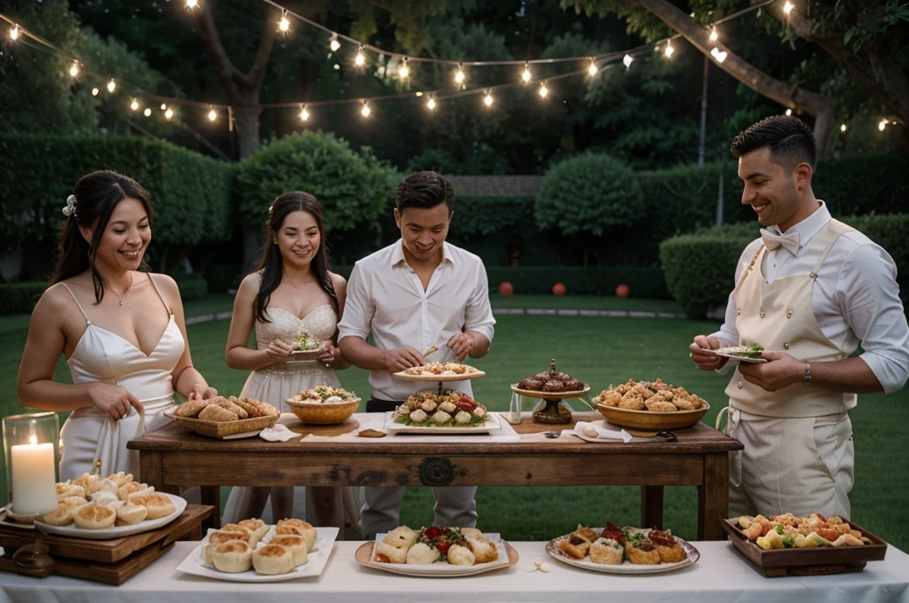 A super realistic image of a wedding buffet table featuring Asian-Napoletan fusion food. On the table, there are bao buns with meatballs in ragù and ravioli alla genovese. Include people with happy expressions and European appearances, including the bride and groom eating the ravioli. The image should be wide, shot with a 24mm lens from a distance. The table is set on a lawn at an elegant villa, in the evening, with string lights illuminating the scene.