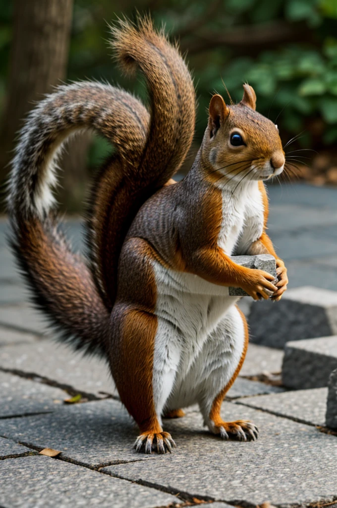 The squirrel is carrying a large block of stone