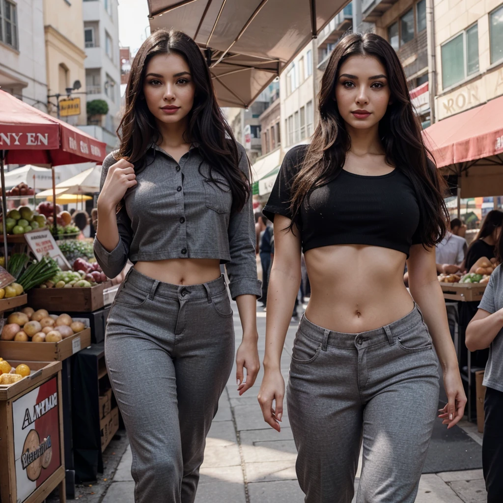 Masterpiece, (Morena Baccarin:Christina Hendricks:0.5), beautiful girl, 20 years old, fitness girl, georgious, perfect face, detailed face , detailed hand and fingers, black hairs, long hairs, wearing grey looses shirt and pant, perfect lighting, cenimatic lighting, 8k, 32k, hyper realistic, market background, red lipstick, eyeliner, eyeshadow, smiling, posing, whole body ((whole body))high heels, posing, walking