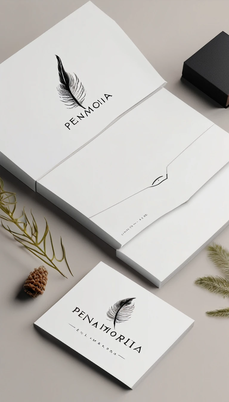 A minimal, modern, simple, cinematic logo design for the brand “Penamemoria". Create a modern, minimalistic, high-quality, logo of a feather of memories