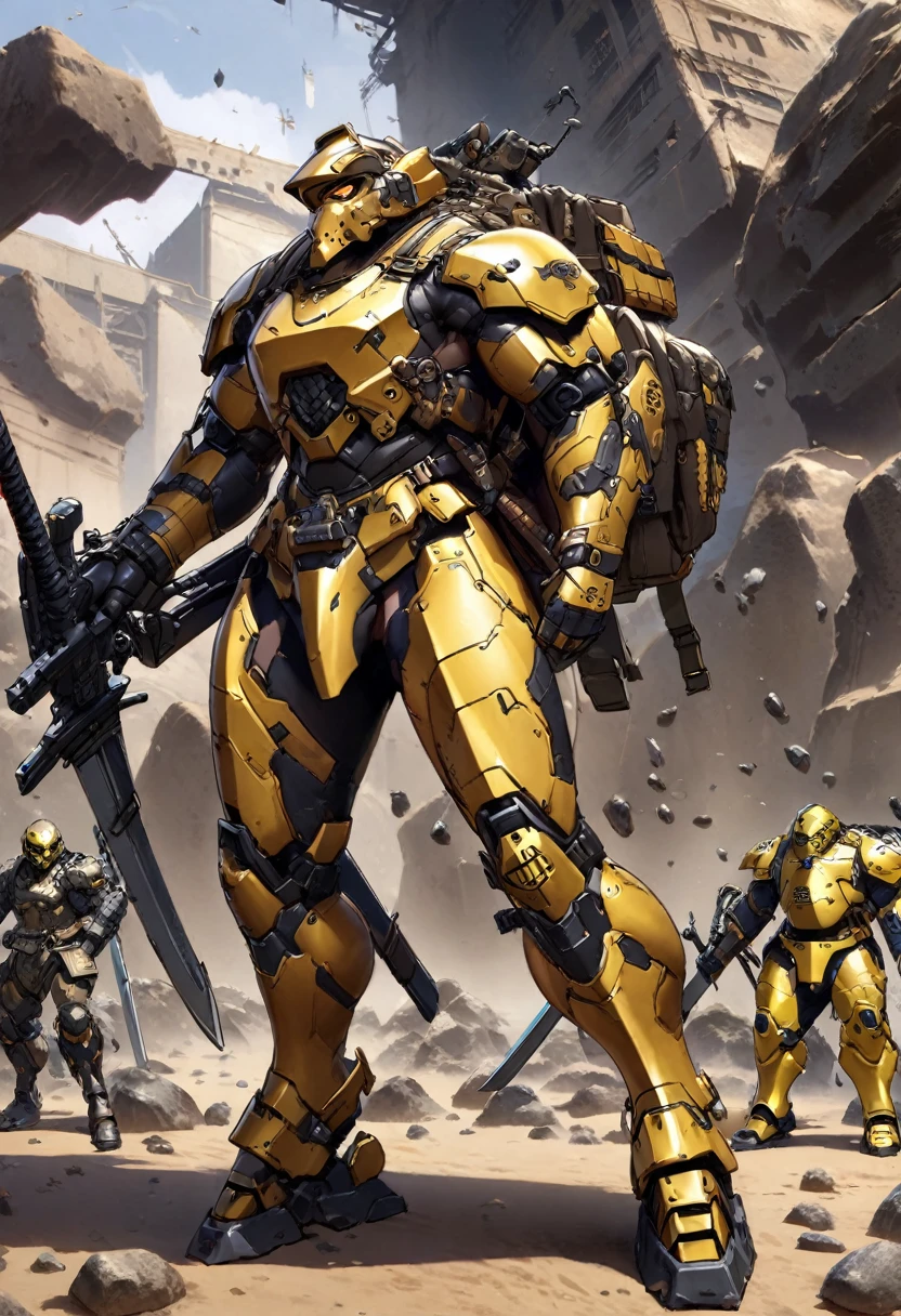 asutepiece,Extremely detailed, Heavy mechs, hard surface),(concept art:1.1),(Armored Core Style:0.8), A woman wearing ninja robo armor is tying a seal,(full armor:1.4),(tactical ninja mask:1.5),(yellow body:1.1),(long legged:1.1),(Equipped with a sword on his back:1.3),(A detailed eye:1.3),(A detailed face:1.3),(Detailed weapons:1.3),(Detailed body:1.3),((full bodyesbian:1.5)),(In the background, rocks are floating in the air.:1.5),lifelike, nude assassin