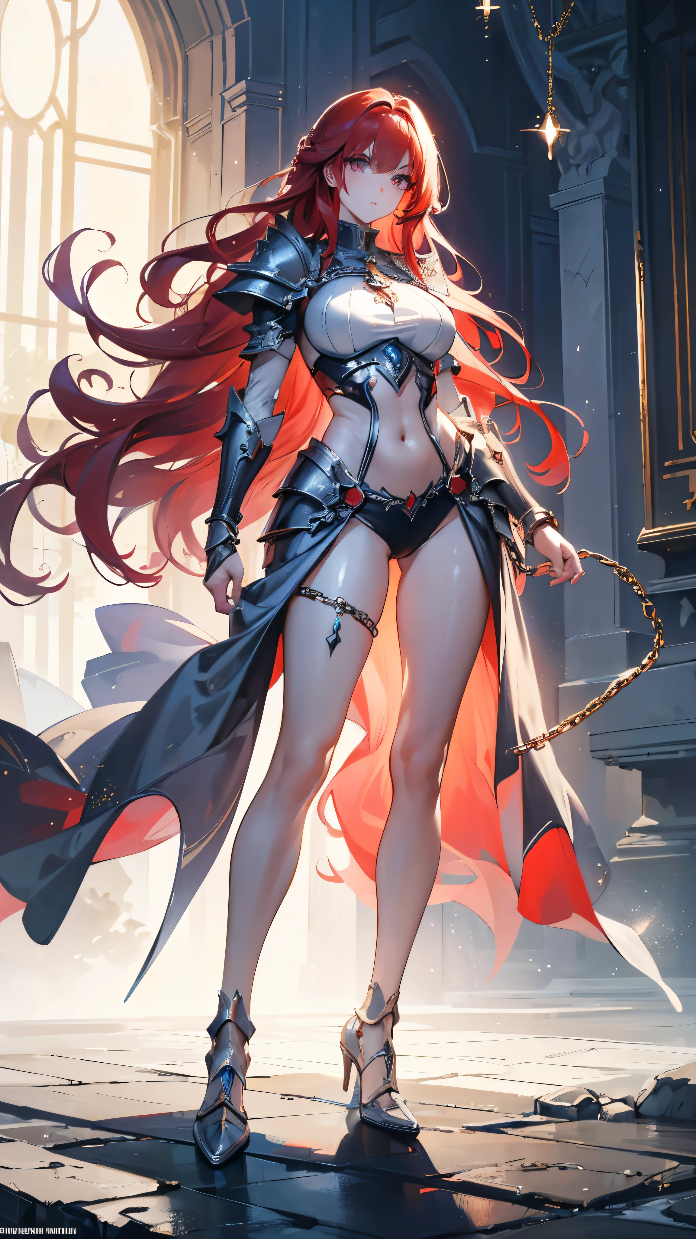 ,Highest quality,Red Hair,White skin,Orange Eyes,Very long hair,Large Breasts,Dragon's Eye,fur,smile,naked,Dragon Horn,Standing with your legs apart,Toned body,slender