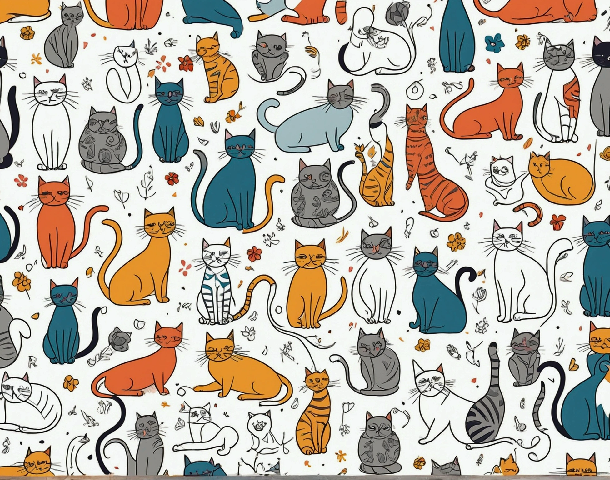 All motifs have a black line edge, colorful cats drawing style, Cats doing acrotics