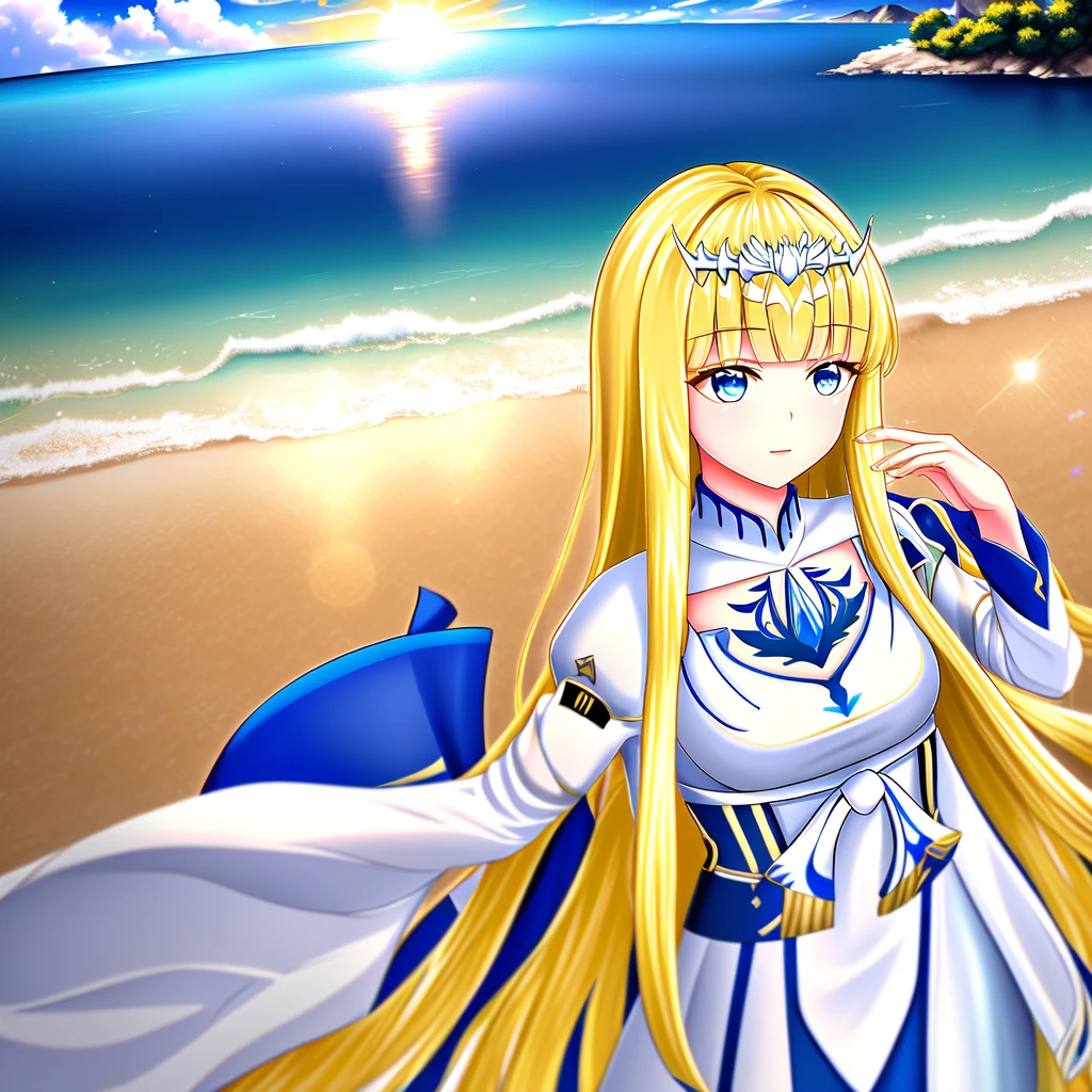 Genshin Impact stlye,    detailed,  The sun cast a warm glow over her,  soft waves that danced in the wind. A serene, ,  1girl,solo, calca, blonde hair, ,( extremely long hair:1.2), very long hair, extra long hair, white tiara, white dress, blue eyes,Calca Bessarez, medium breast,Calca,