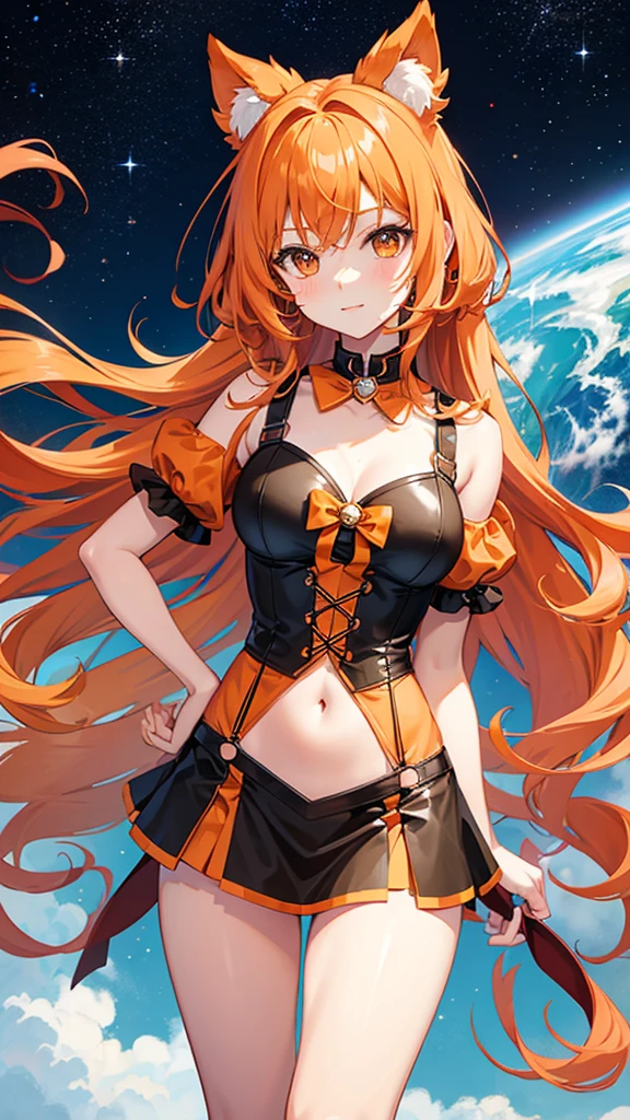 Magical girl Orange wavy hair Orange and black costume Short mini skirt Medium sized breasts Adult sister A relaxed expression universe space