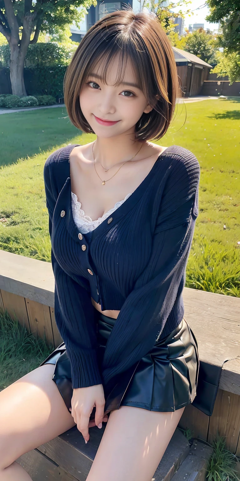 Highest quality, masterpiece, High resolution, original, One Girl, Light honey-colored straight hair with outward curls, The most beautiful 15 year old girl in the world, Young body shape, childish expression, Beautiful light brown eyes, Big double eyelid eyes, Glossy Lips, Round face, eyeliner, , Please tilt your head a little, shirt, button３out of place, Peeking into the chest, The chest is exposed, Small breasts, Small breasts, In an empty park, Cute light blue mini skirt, You can see her white panties, A glimpse of white panties, Squatting in pumps, Snow-white skin, Glowing Skin and Bright Cheeks, Small breasts, A shy smile, Beautiful thighs, Low Angle, Accentuate your thighs, Thighs become dew, 