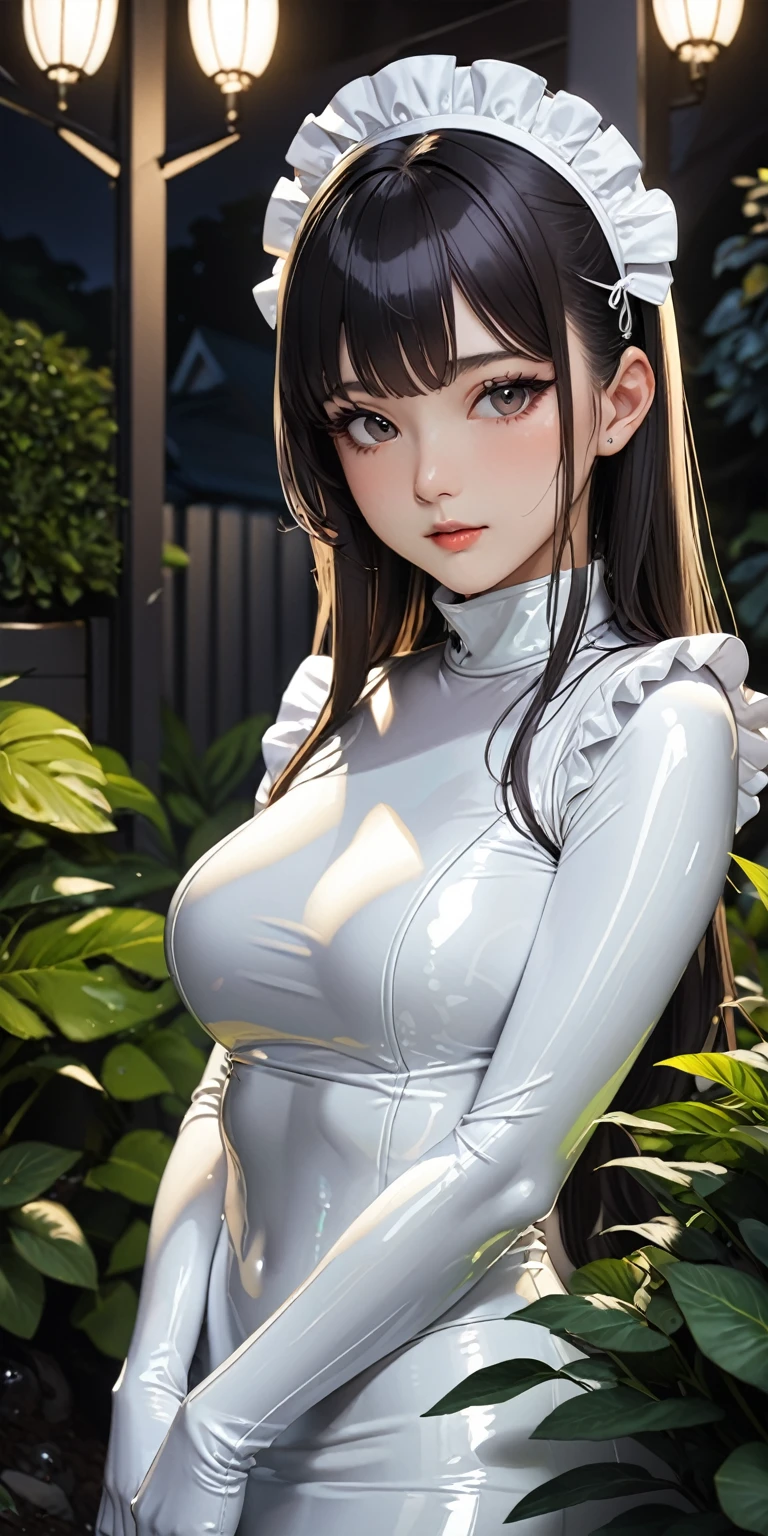 Portraiture、(masterpiece,Highest quality,Ultra-high resolution),Japanese women, (((Very beautiful 25 year old girl))),(White latex maid outfit)、(White latex tight long skirt)、(A long-sleeved white latex shirt covering the upper body)、White latex long gloves、White latex socks、Latex bodysuit、Latex is very shiny、Dark garden at night、