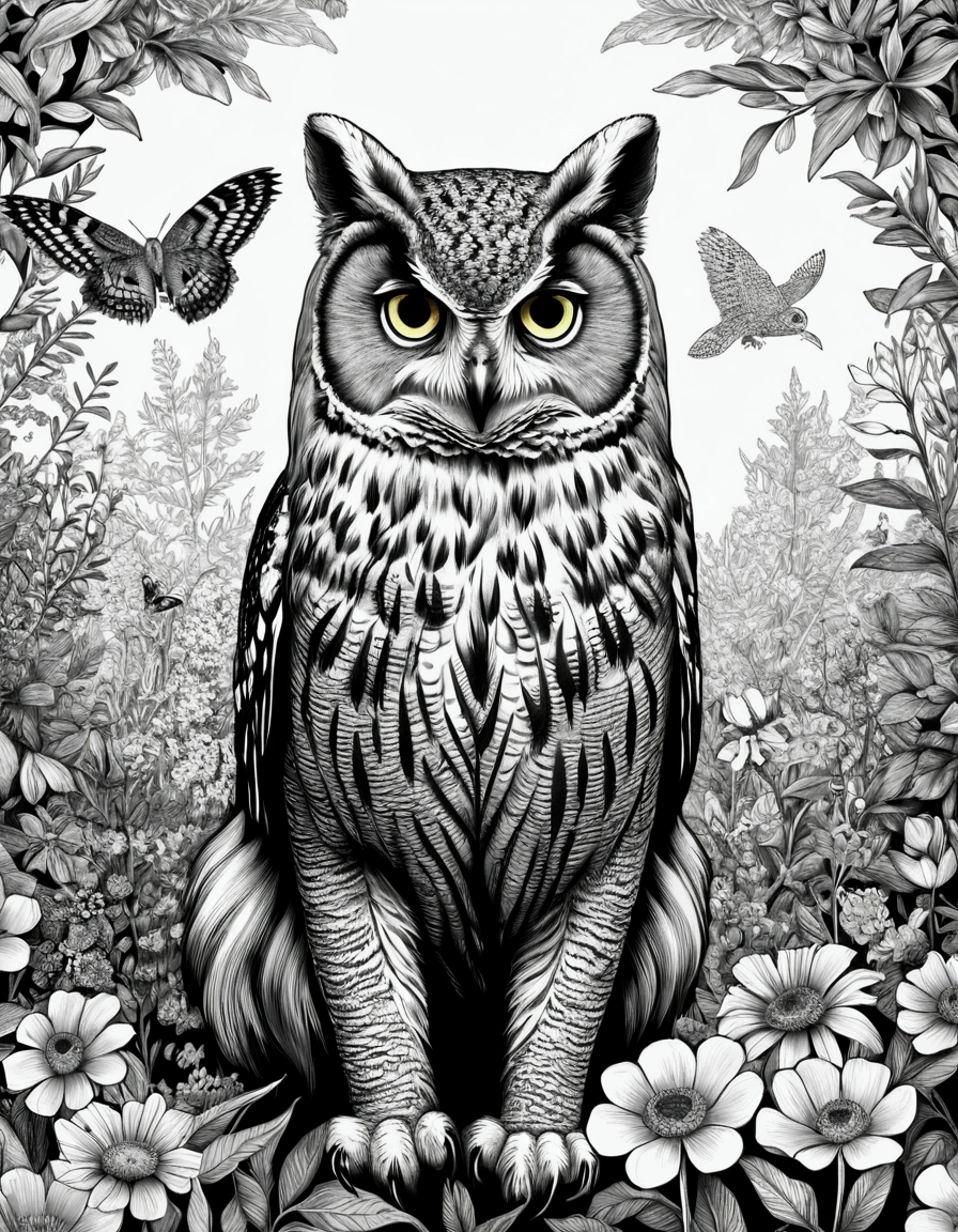 Cat & Wild Animals Design Poster, Ultra HD Quality, Very delicate, Black and white, Includes coloring page, Dramatic light effect, Dense bush, Natural light, The main character, an owl, is highlighted, Other wildlife surrounds them., Surrounded by flowers and plants, The detailed depictions of the animals are superb, The lens changes focus to match the subject, Hand-drawn illustration effect.
