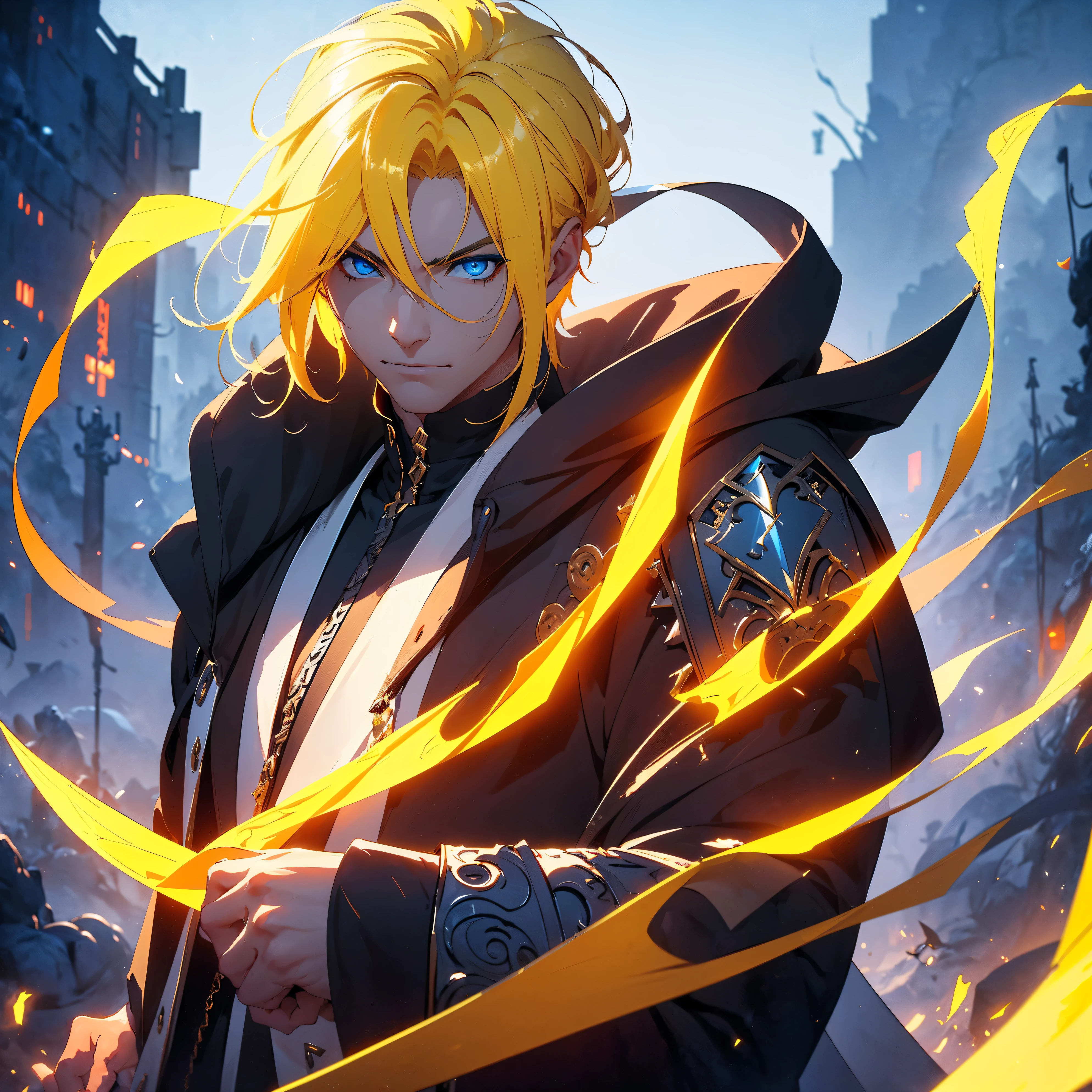 (Onmyoji theme)), (in 8K、top-quality、masterpiece:1.2)、Vampire、Cyberpunk men、fantasy worlds、dark backgrounds、Clean design、Magnificent Instagram、art stations、Colorful paint splatter、silhuette、Ultra-detailed intricate details、unrealengine、Fantasia、intricate detailes、Splash Screen、Complementary color scheme、Fantasy concept art、an oil painting、heavy strokes、Paint dripping、(isolated on white:1.3)、Rainbow skin、(((Handsome young man)))、(glowingblueeyes)、 ((Bright eye)), (( Spiky Hair, Yellow hair:1.1))), ((Black Millitary Coat)), (prinz\\(indifferent look\\),(Wearing a luxurious black robe with high detail))), Yellow-haired, Frost Rune magic, ((Wizard)).