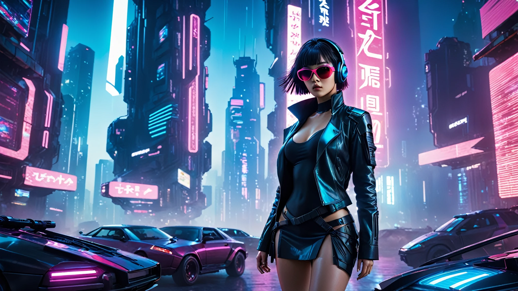 aerial view, dark night, A vast cyberpunk landscape set in Korea with ((flying cars)) and neon lights, in shades of pink, blue and red, (Matrix style cascading code), in the style of Blade Runner and Ghost In The Shell. (((((1girl, solo, alone))))), large-breast:1.2 slim body, cleavage:1.1, sexy miniskirt, ((((headphone, black sunglasses, standing and holding pistol pose)))), (((half-body thigh level medium shot))), cinematic lighting, lens flare, ray tracing.