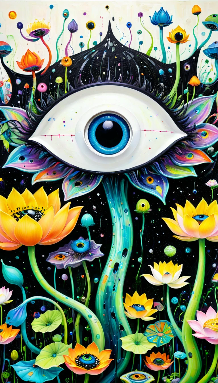 Children's graffiti,Thick coating,Concave and convex texture,Oil pastel strokes:Colorful black,Dopamine color matching,Eyeballs in the lotus pod、house、flowesh、Tentacles、bird、(((Eye)))、diatom,Abstract mosaic painting,Describing the inner world of autistic people,Sense of space,White Space,interesting,Innocence,Psychedelic Art,