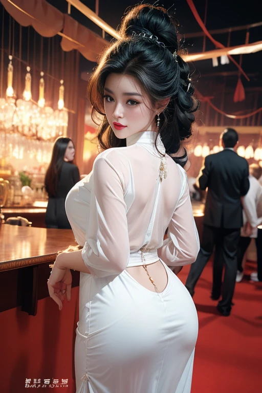 realisticlying, A high resolution, 1 rapariga, White+black color hair, korean people, eBlue eyes, The transparent cheongsam is flying，Sheer tight-fitting garments，Beads of sweat dripped down the buttocks，Large chest，Wide buttock， your ass，Butt visible，Visible on the back，buttocks visible，Ass pouted，wide wide shot，Cinema lenses，The skin glows，space ship，