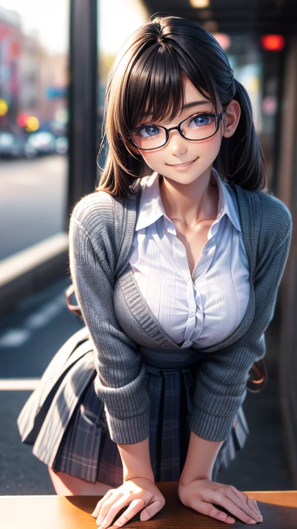 View your audience,high school girl,Leaning forward,(Random cute clothes),(Random animation pose),(Thin type),(Large Breasts),(Random Hairstyles),(Best image quality, (8k), Ultra-realistic, 最high quality, high quality, High resolution, high qualityの質感, Attention to detail, Beautiful details, Fine details, Extremely detailed CG, Detailed Texture, Realistic facial expressions, masterpiece, in front),(Wearing glasses:1.1)