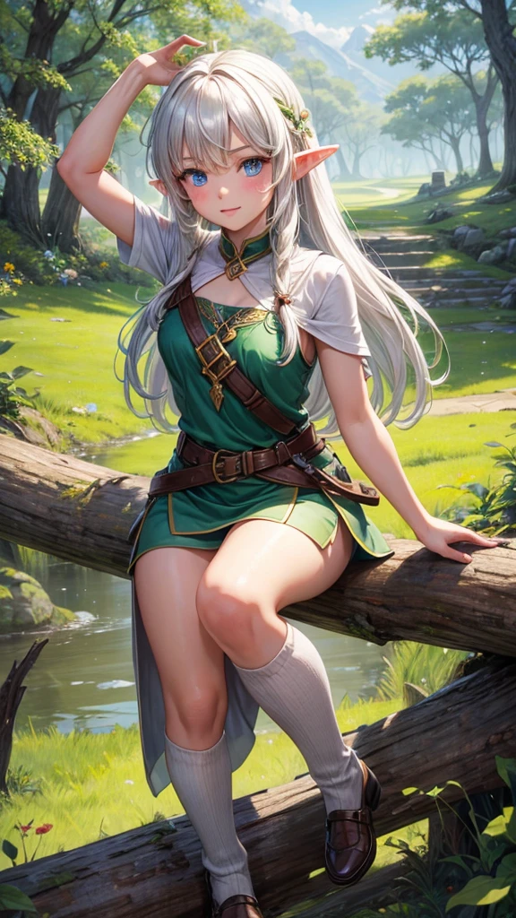 Image of a young elf's waist, complicated, Slender face, elegant, wearing a sapphire necklace, White light dress with straps, Camera facing, Highly detailed, Digital Painting, art station, concept art, smooth, Sharp focus, illustration, งานศิลปะโดย Artgerm และ Gregor Rutkowski และ Alphonse Mucha, 8ก, Volumetric mist, Bloom, light rays, Lumen, Rotational bokeh