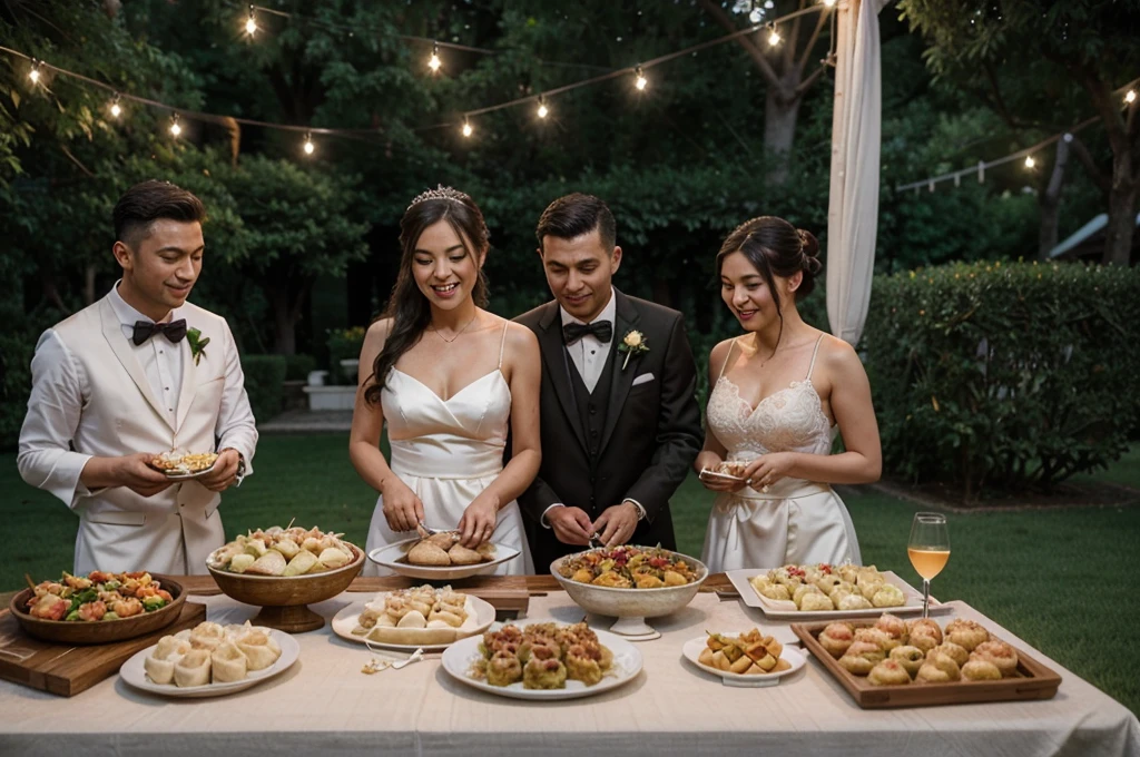 A super realistic image of a wedding buffet table featuring Asian-Napoletan fusion food. On the table, there are bao buns with meatballs in ragù and ravioli alla genovese. Include people with happy expressions and European appearances, including the bride and groom eating the ravioli. The image should be wide, shot with a 24mm lens from a distance. The table is set on a lawn at an elegant villa, in the evening, with string lights illuminating the scene.