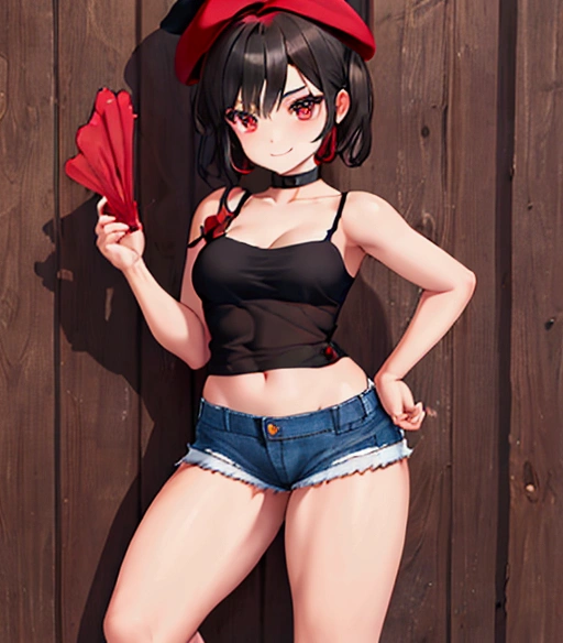 (masterpiece), best quality, expressive eyes, perfect face, rmtk, looking at viewer, red beret, black camisole, denim, short shorts, standing, light smile, 