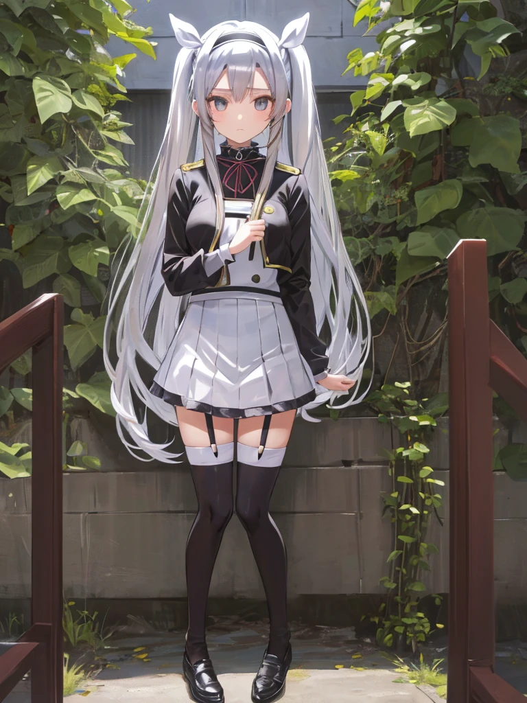 silver hair, twintails, very long hair, アニメ, best quality, masterpiece、Black mini skirt、Black high neck half zipper、black tights ,full body
