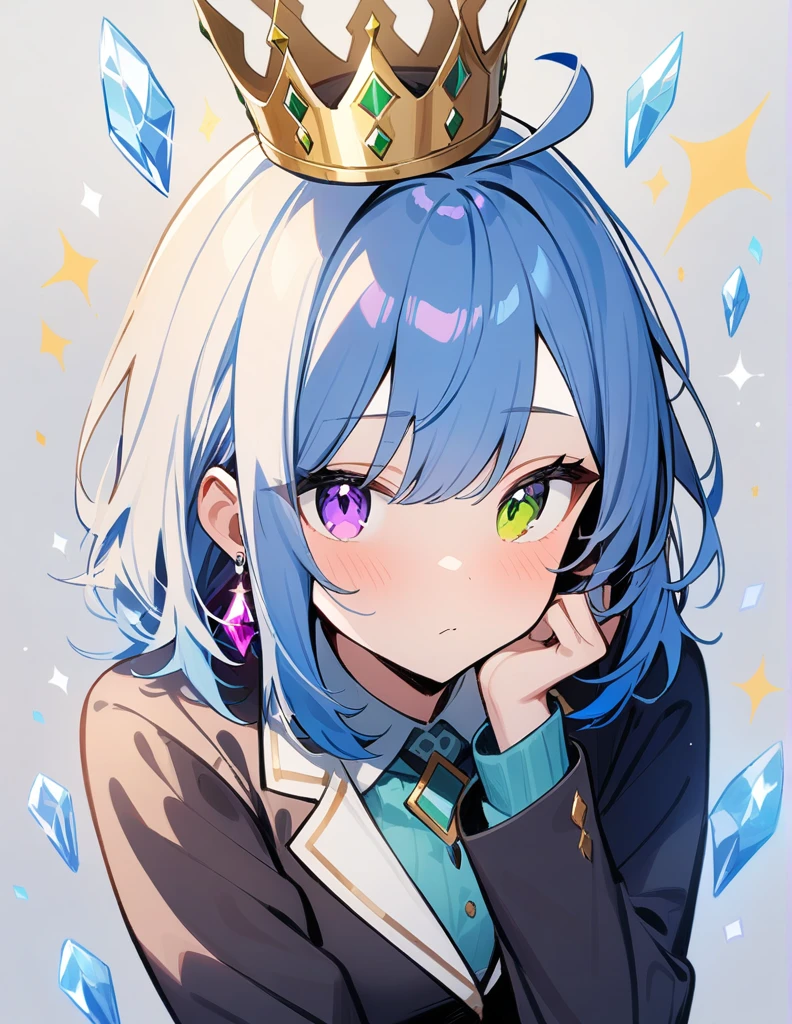 One girl, solo, masterpiece, Crystal Earrings, Blue Hair,Ahoge, Low ponytail, Medium Hair, Purple eyes, Odd Eye, Green Eyes、crown, wearing a blazer