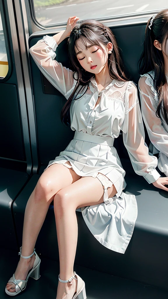 20-year-old cute round-faced women,Clear images、Real women、Brown Hair, Medium Hair〜Half-up、She is sleeping soundly with her mouth open.., Slim figure ,Breasts are a little bigger than normal , Head to toe full body shot, Shiny white high heels、 Blouse with ribbon on the chest、Checkered mini skirt, Sit comfortably in the back of the bus, 、私 threw my head back and fell into a deep sleep..,Arms hanging down. I'm exhausted on the way home after work..Sleeping like the dead.My knees are open, Both feet are on the floor, sleeping face, close your eyes, Mouth wide open and drool、Tilt your head back and look up, I can rest my head on the seat and sleep soundly..., Anatomically correct,Composition looking up from the front