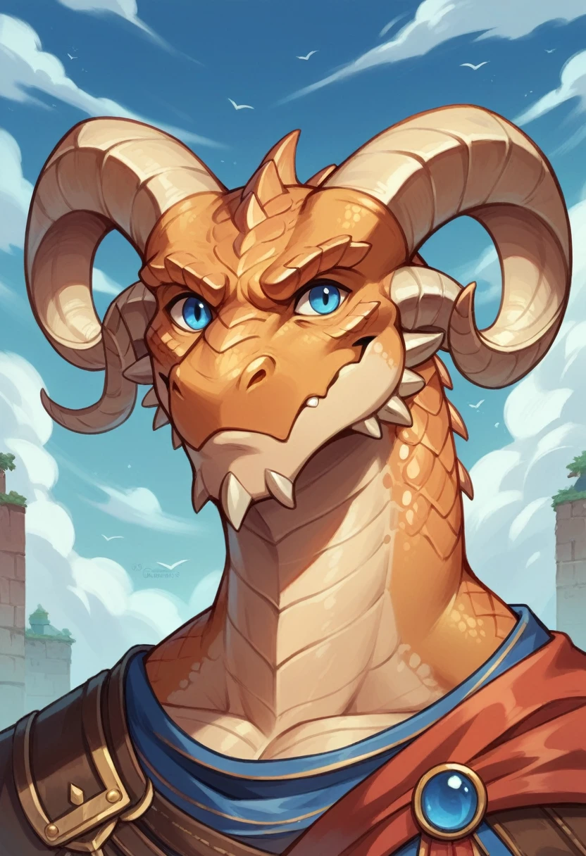 Ultra Detailed, Masterpiece, Best Quality, Dragonborn, Epic, 1guy, Fantasy, Dungeons and Dragons, Bronze Scales, electric blue eyes, curved horns,captain