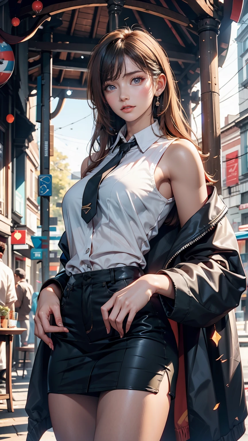 One girl, Intricate details, masterpiece, Highest quality, Very detailed,Cinema Lighting, Beautiful sparkle, Beautifully detailed face and eyes, 8k, Dark intense shadows, Yellow Eyes, Medium Hair, Black Hair, bangs, Floating Hair, Black jacket, Open jacket, White shirt, Expressionless, Yellow tie, Black Skirt, Spotlight, sunlight, sunrise, Gradient Sky, city, Lens flare, Cowboy Shot, [[Curvy]], [Mature Woman]