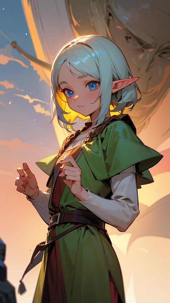 Image of a young elf's waist, complicated, Slender face, elegant, wearing a sapphire necklace, White light dress with straps, Camera facing, Highly detailed, Digital Painting, art station, concept art, smooth, Sharp focus, illustration, งานศิลปะโดย Artgerm และ Gregor Rutkowski และ Alphonse Mucha, 8ก, Volumetric mist, Bloom, light rays, Lumen, Rotational bokeh